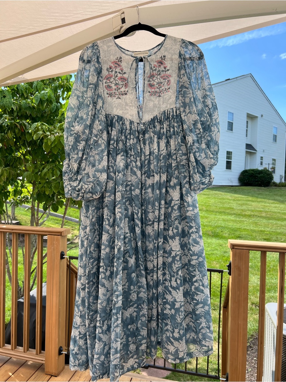Daughters of India Dusty Blue Floral Tie-Neck dress
